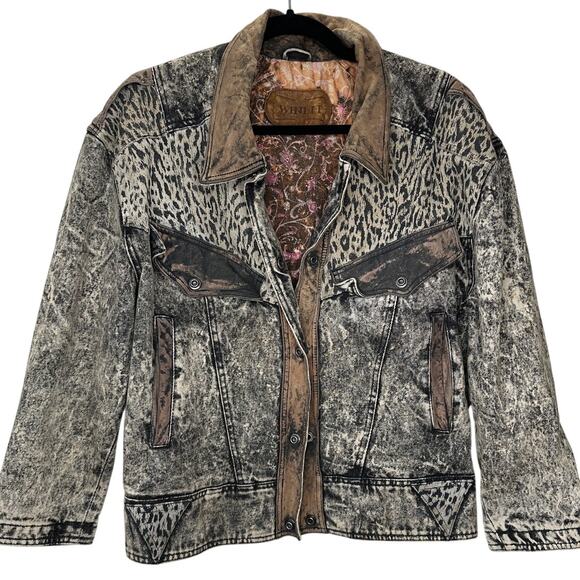 Winlit Vintage Tan Black Suede & Denim Acid Wash Animal Print Biker Jacket S - Picture 3 of 16